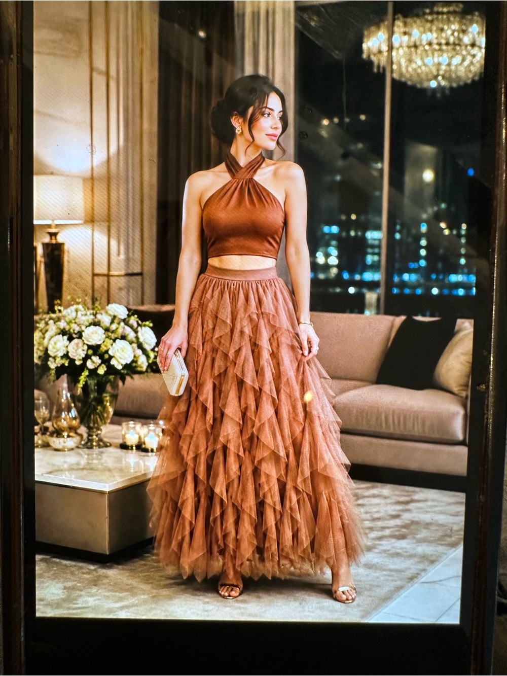 Soho Apparel Rust Tiered Tulle Maxi Skirt pull up chic